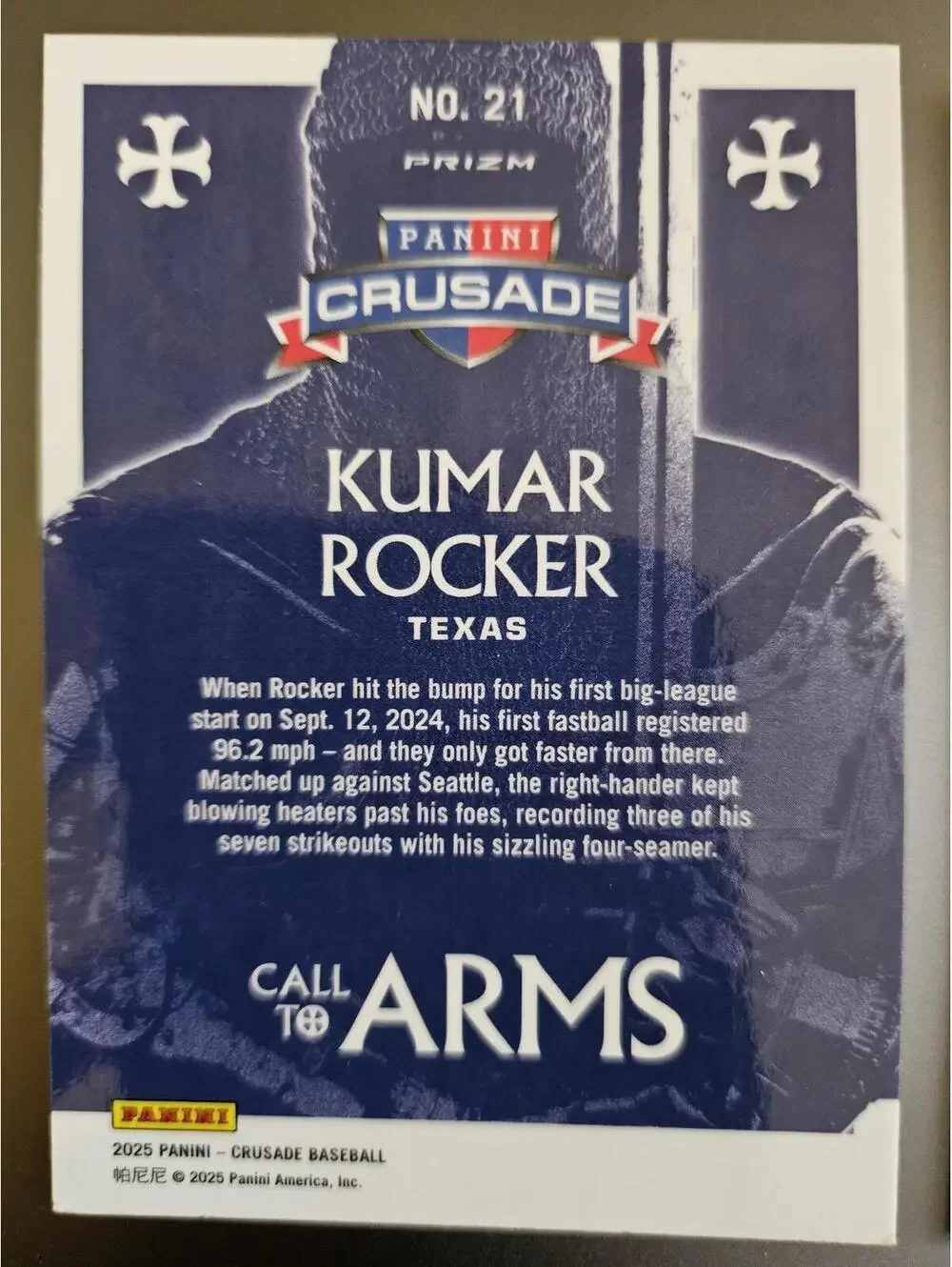 2025 Panini Prism Crusade Call to Arms Insert - Kumar Rocker #21 - Rangers (RC)
